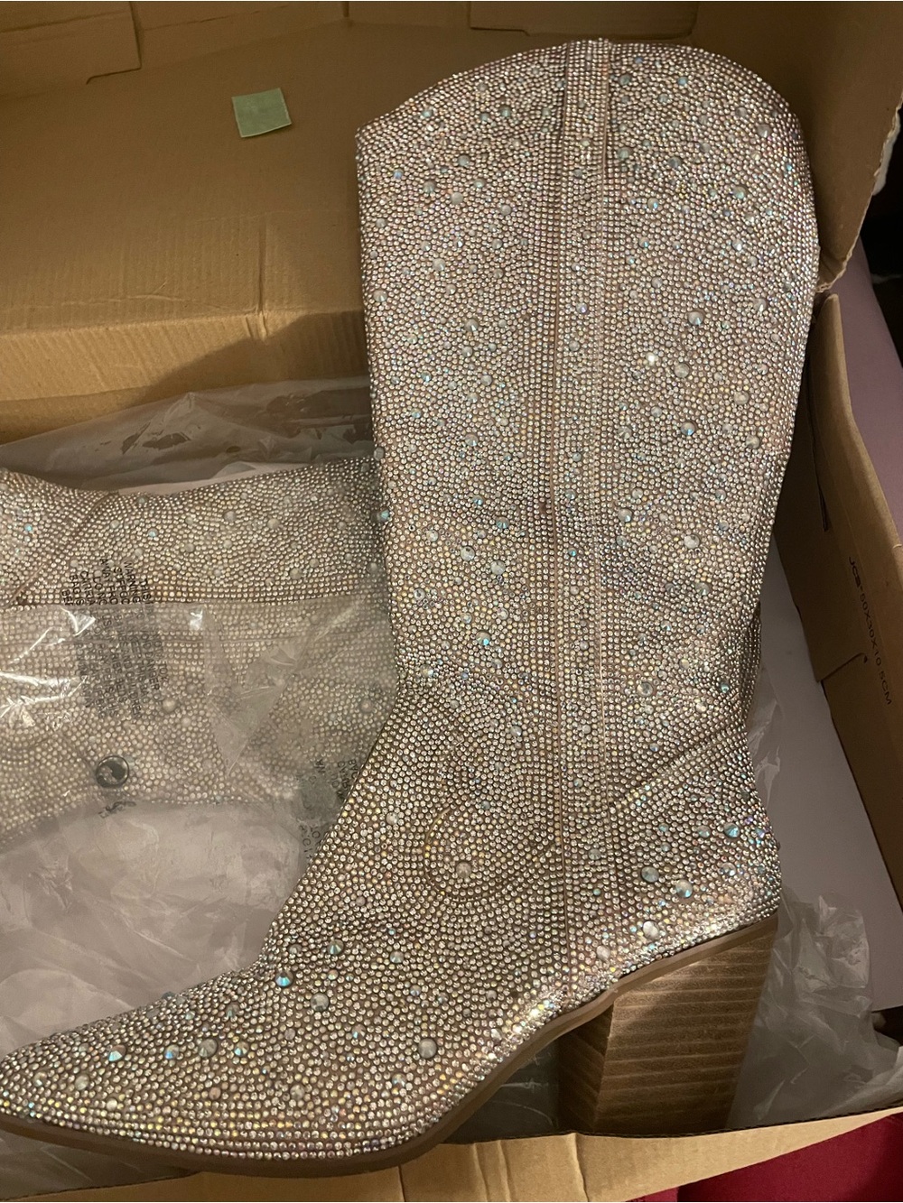 Matisse brand “Nashville Hot” clear rhinestone boots.